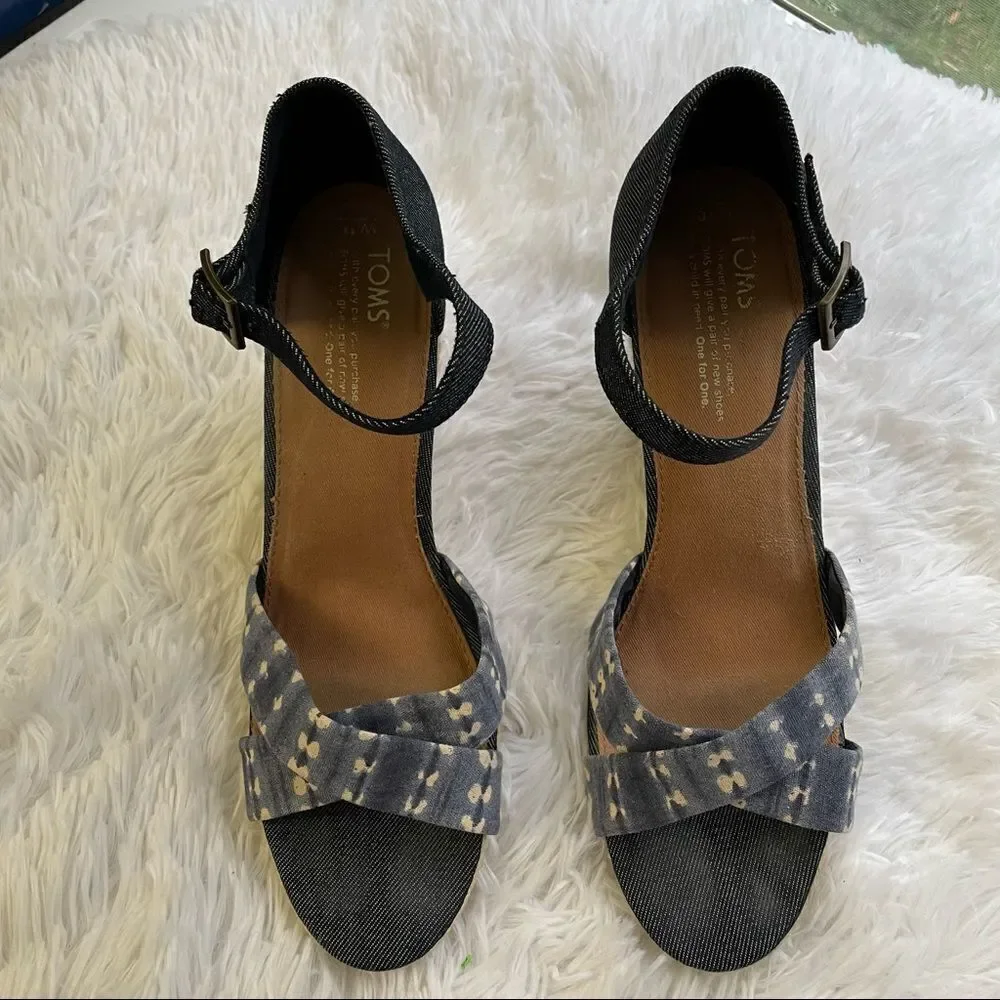 Toms Denim Blue Batik Platform Espadrille Wedge‎ Sienna Sandals Sz 10